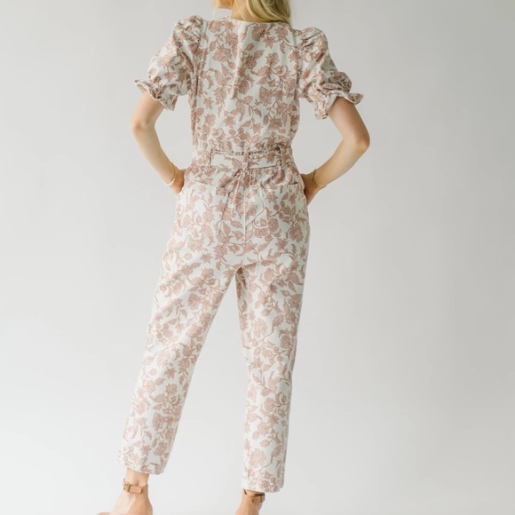 The Roxand Puff Sleeve Jumpsuit in Ivory + Pink - Picture 5 of 5